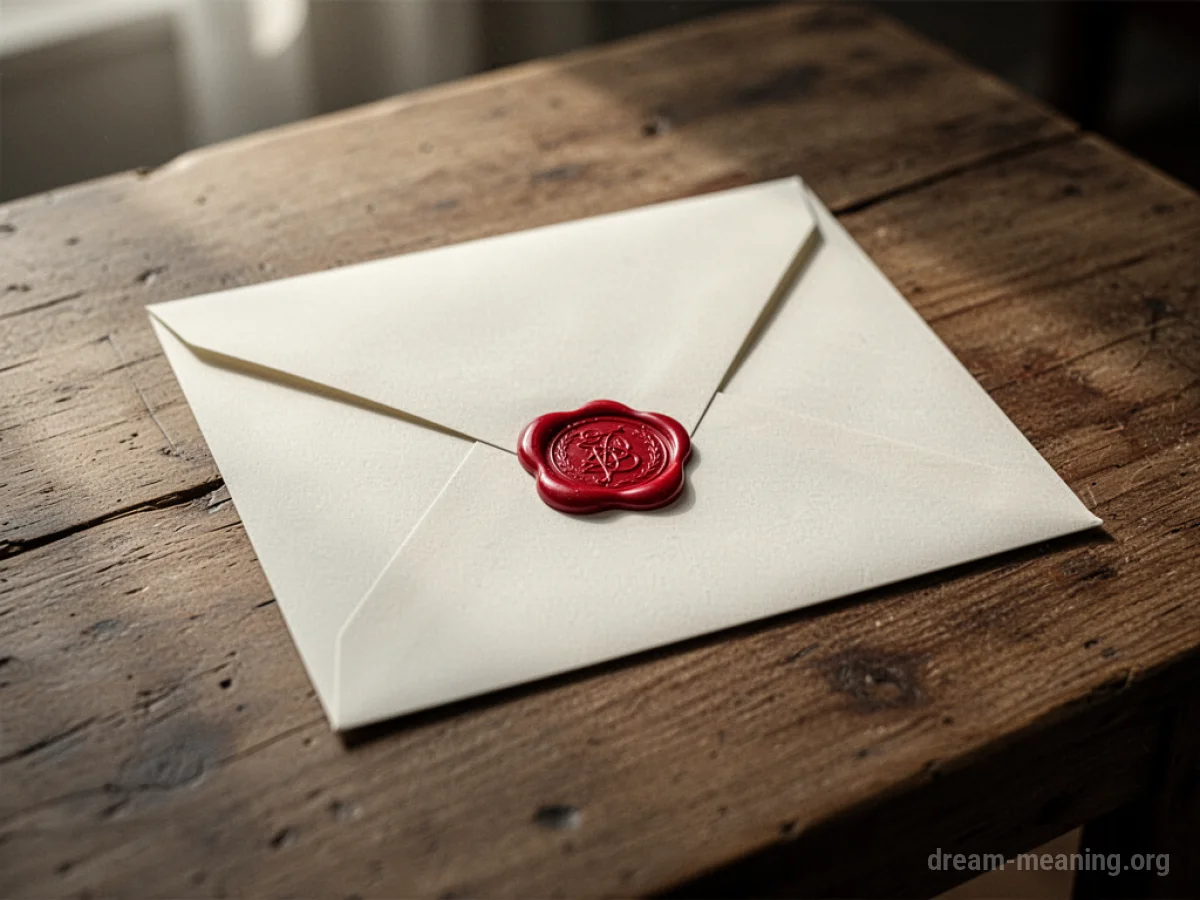 An envelope with a red wax seal on a wooden table.