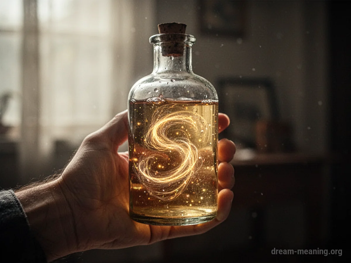 A hand holding a glass bottle containing a luminous, swirling liquid.