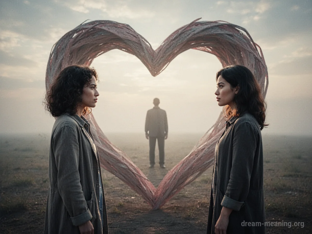 Two figures facing away from each other, with a third figure between them.