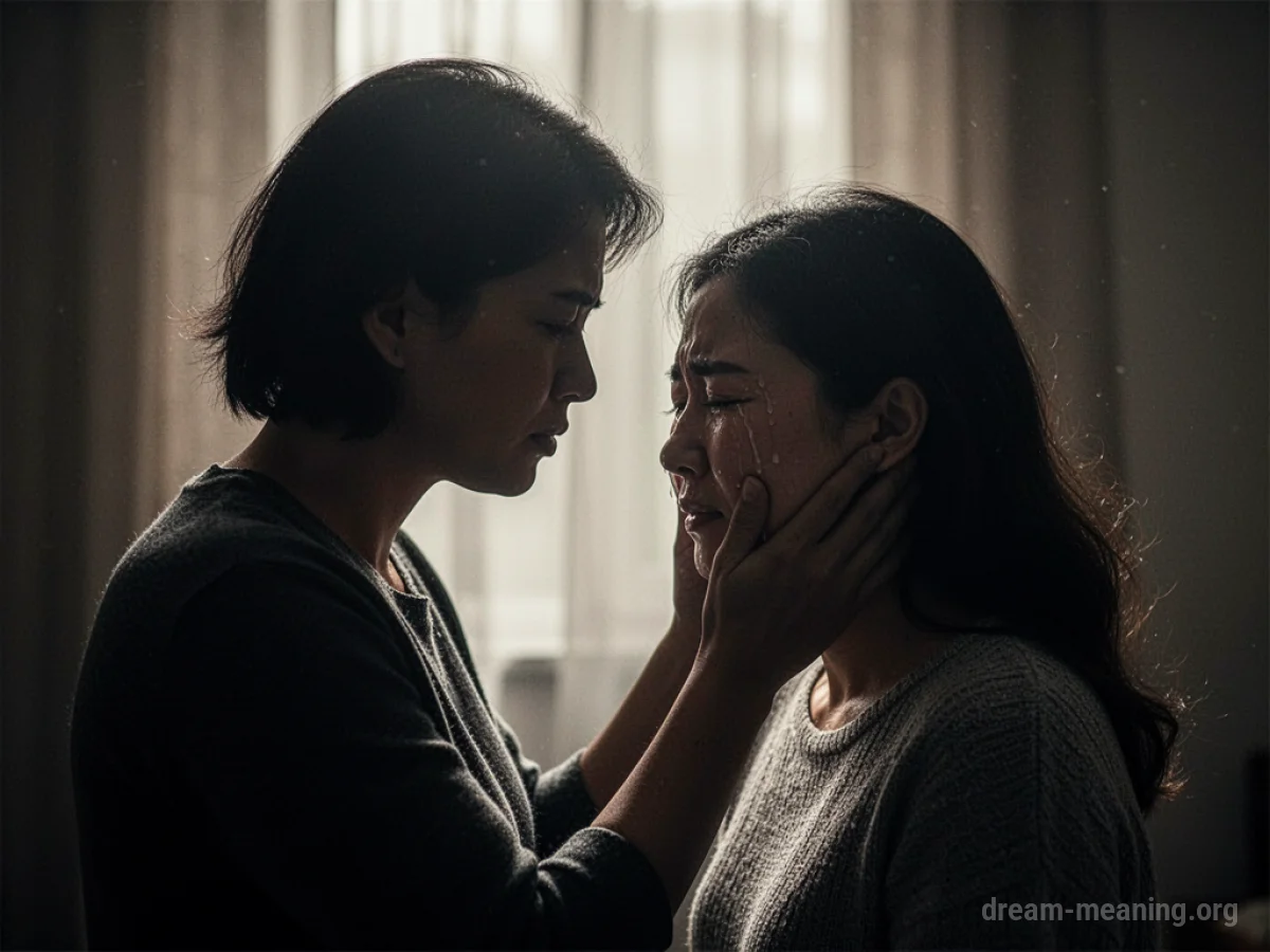 Silhouette of one person comforting another who is crying.