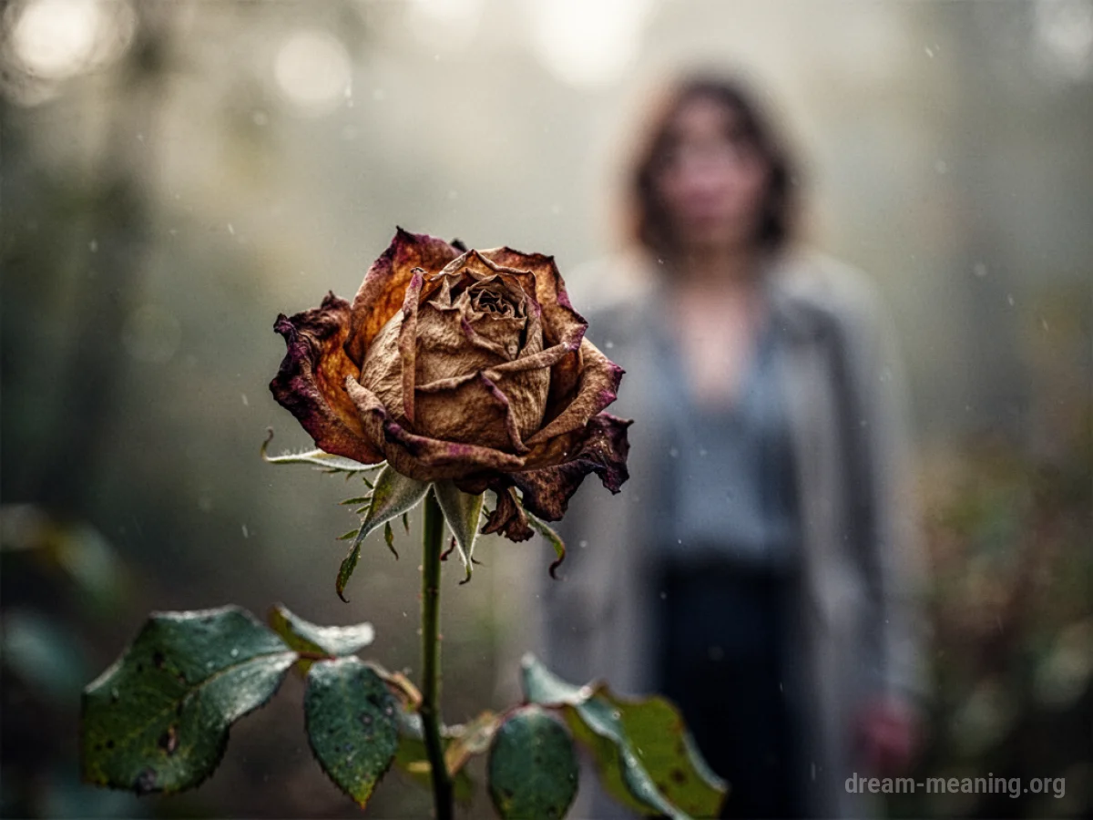 A wilting rose with a faint silhouette of a person in the distance.