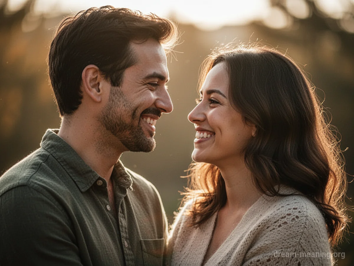 A couple smiling at each other with warm lighting.