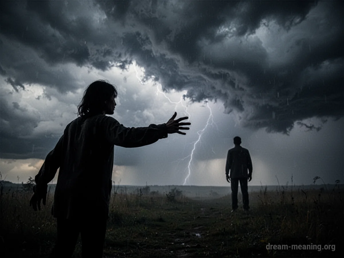 Silhouette of one person reaching towards another with a dark, stormy sky above.