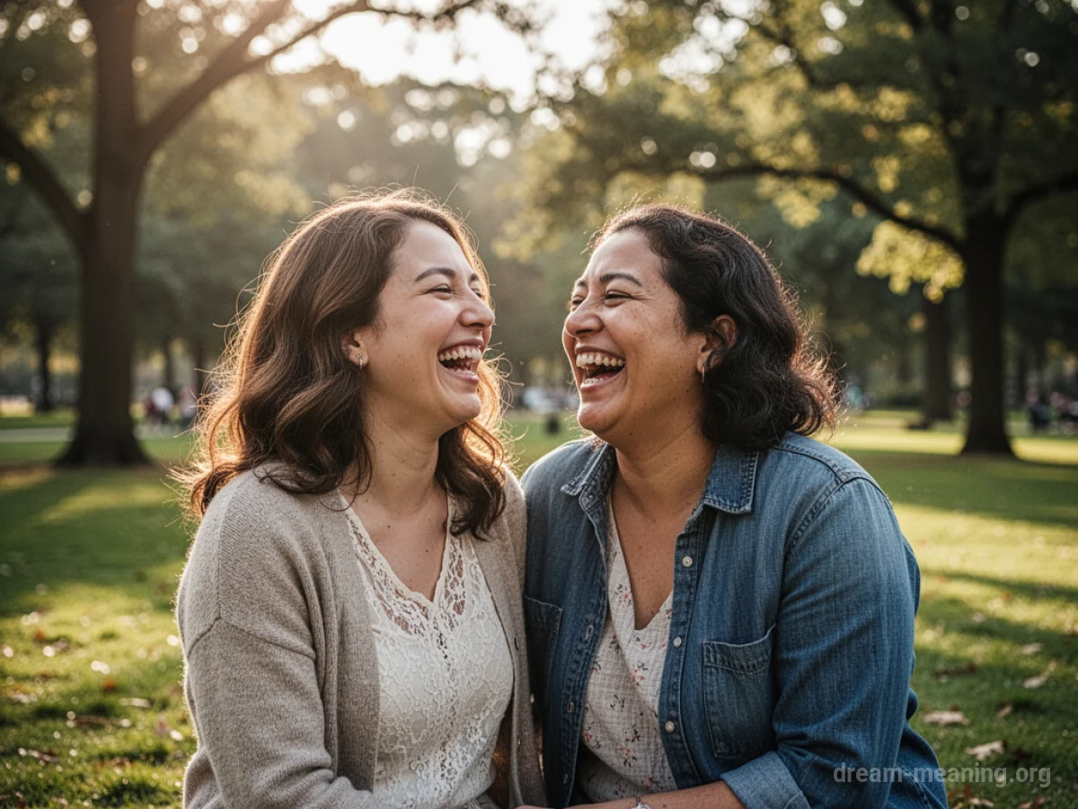 A man and a woman laughing together in a park.
