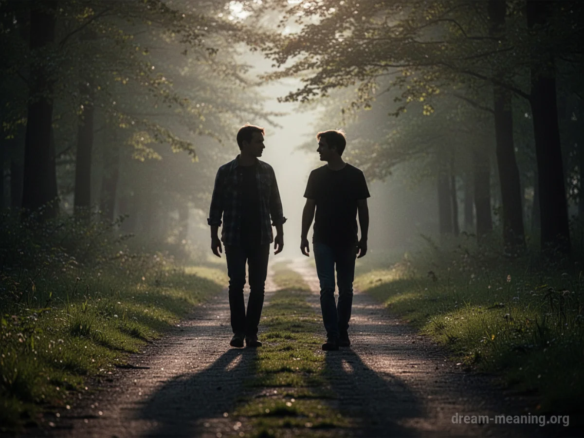 Two silhouetted figures walking towards each other on a path.