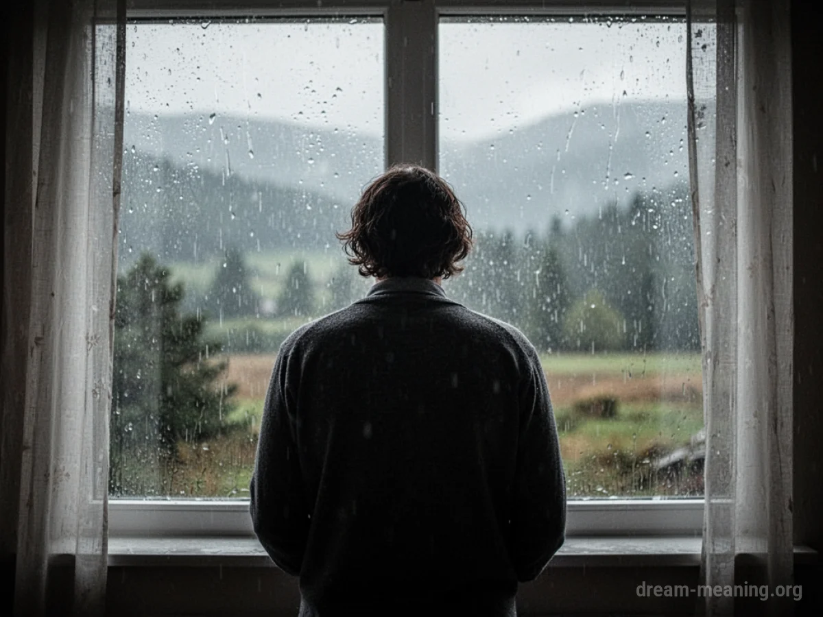 Person looking out a window at a rainy day.