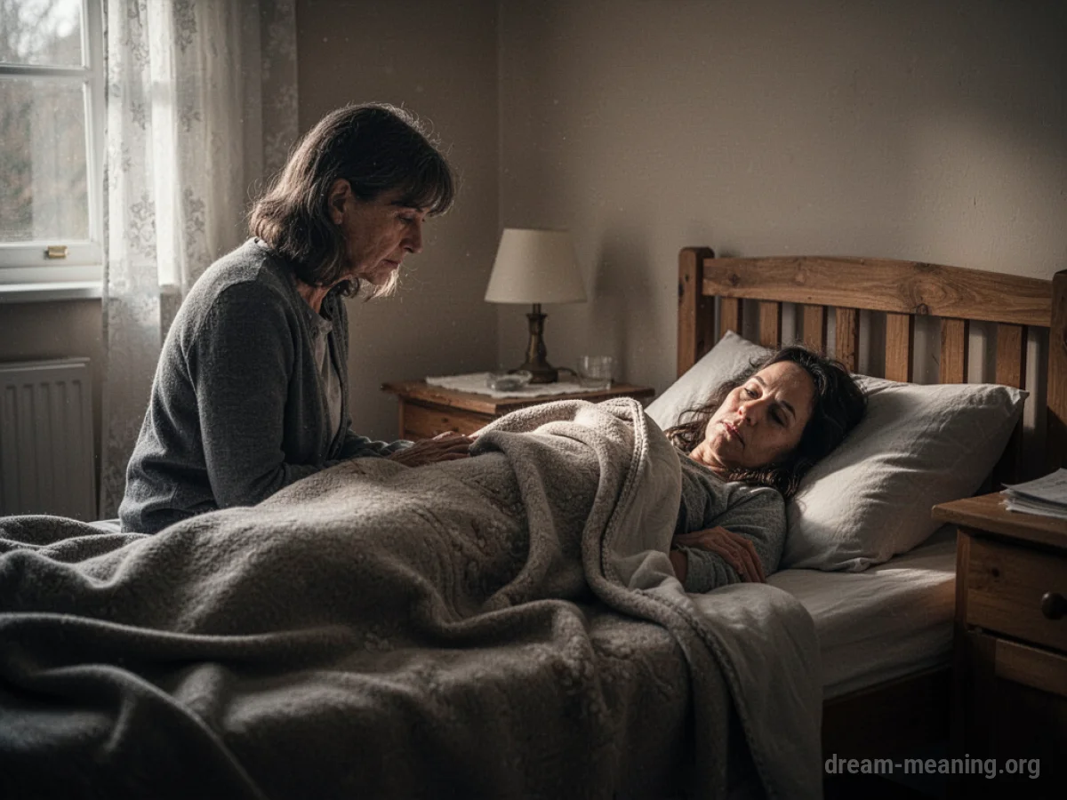 A person sitting beside a bed where someone is resting.