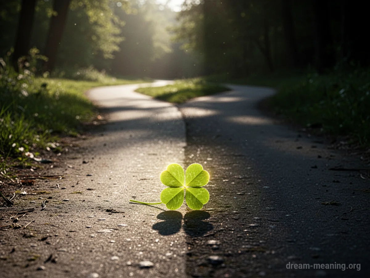 A split path with one side illuminated and the other dark, a clover visible on the bright side.