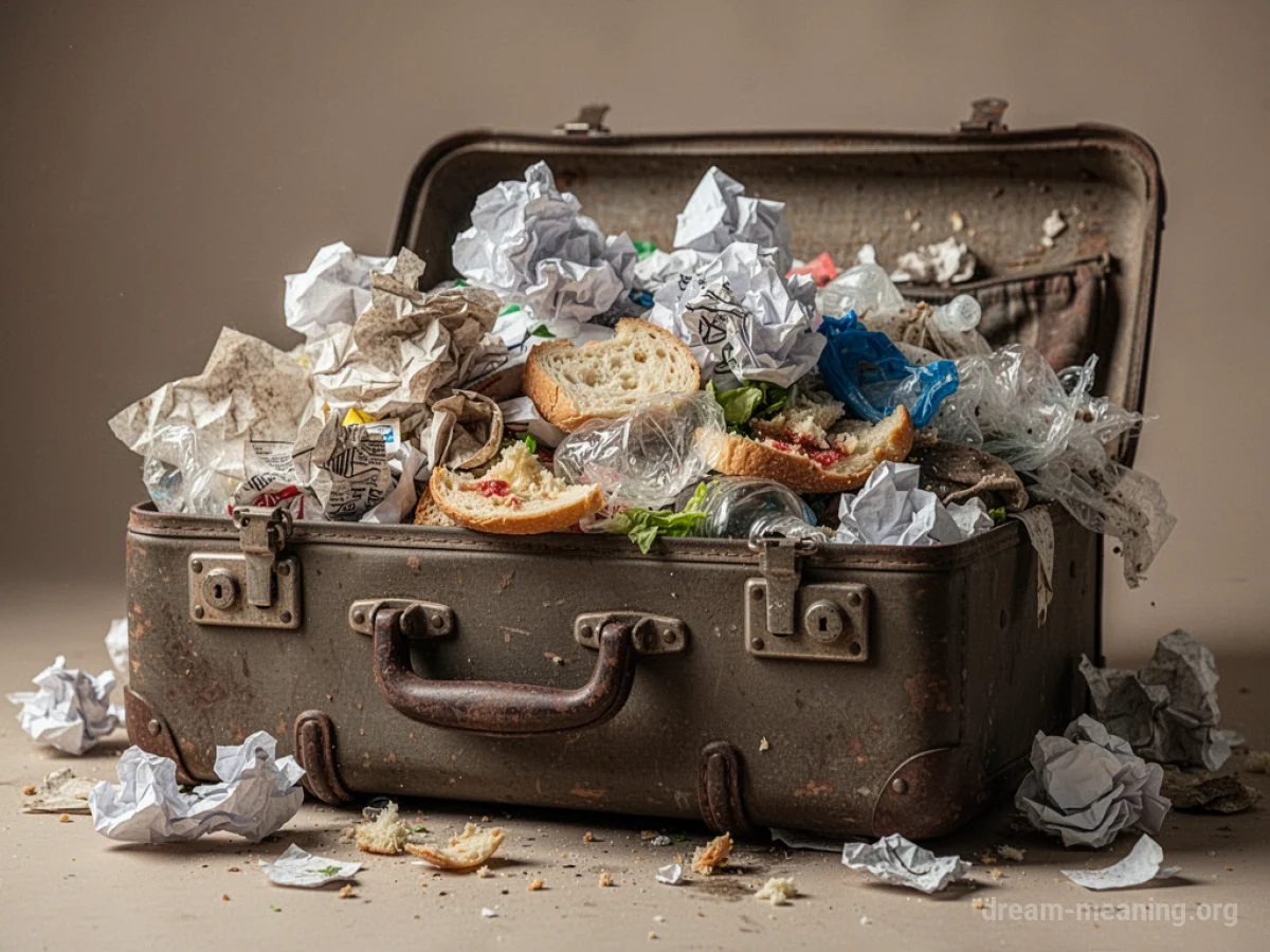 An open suitcase spilling out garbage and refuse.