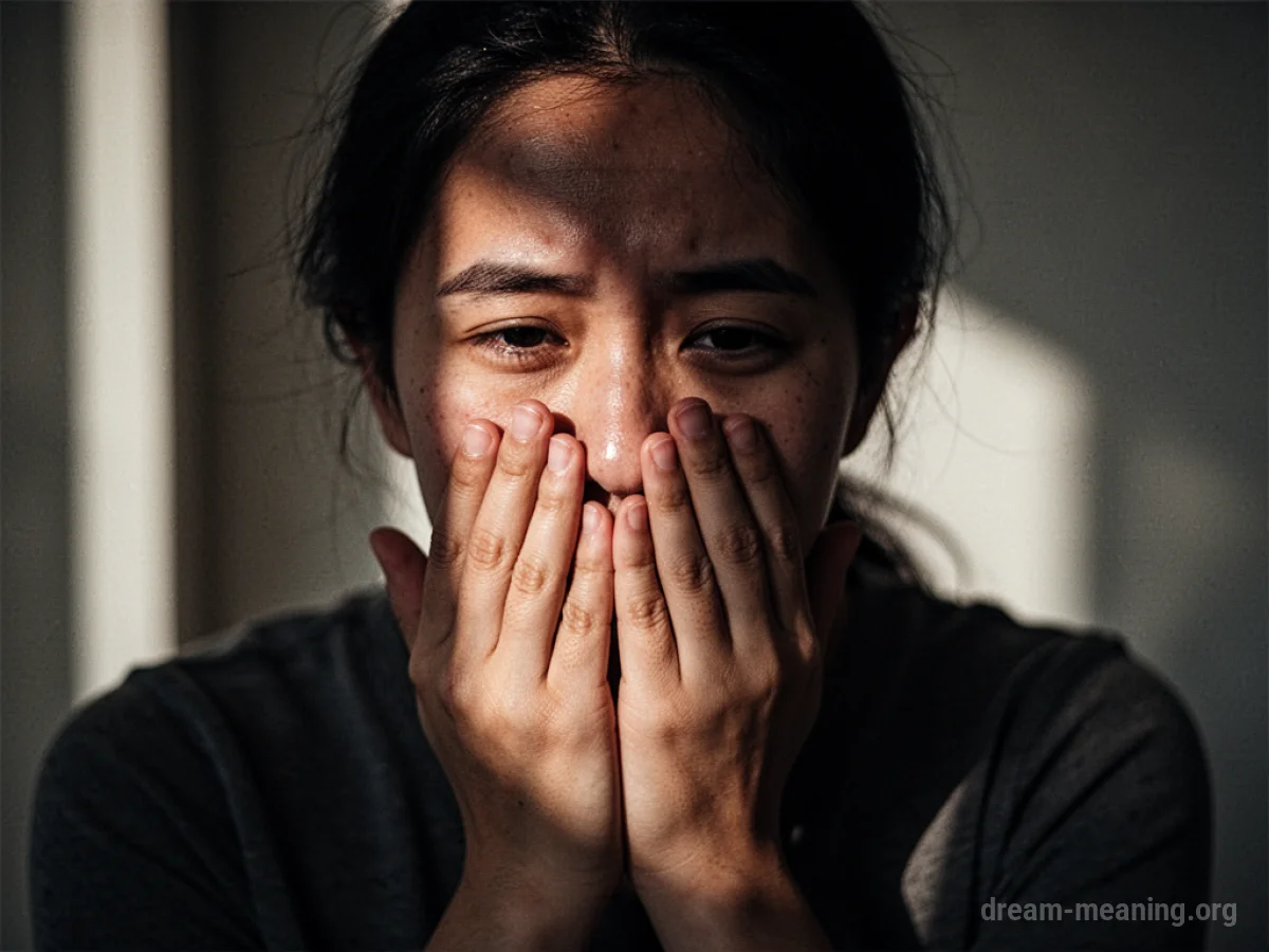 A person covering their mouth with their hand, appearing secretive.