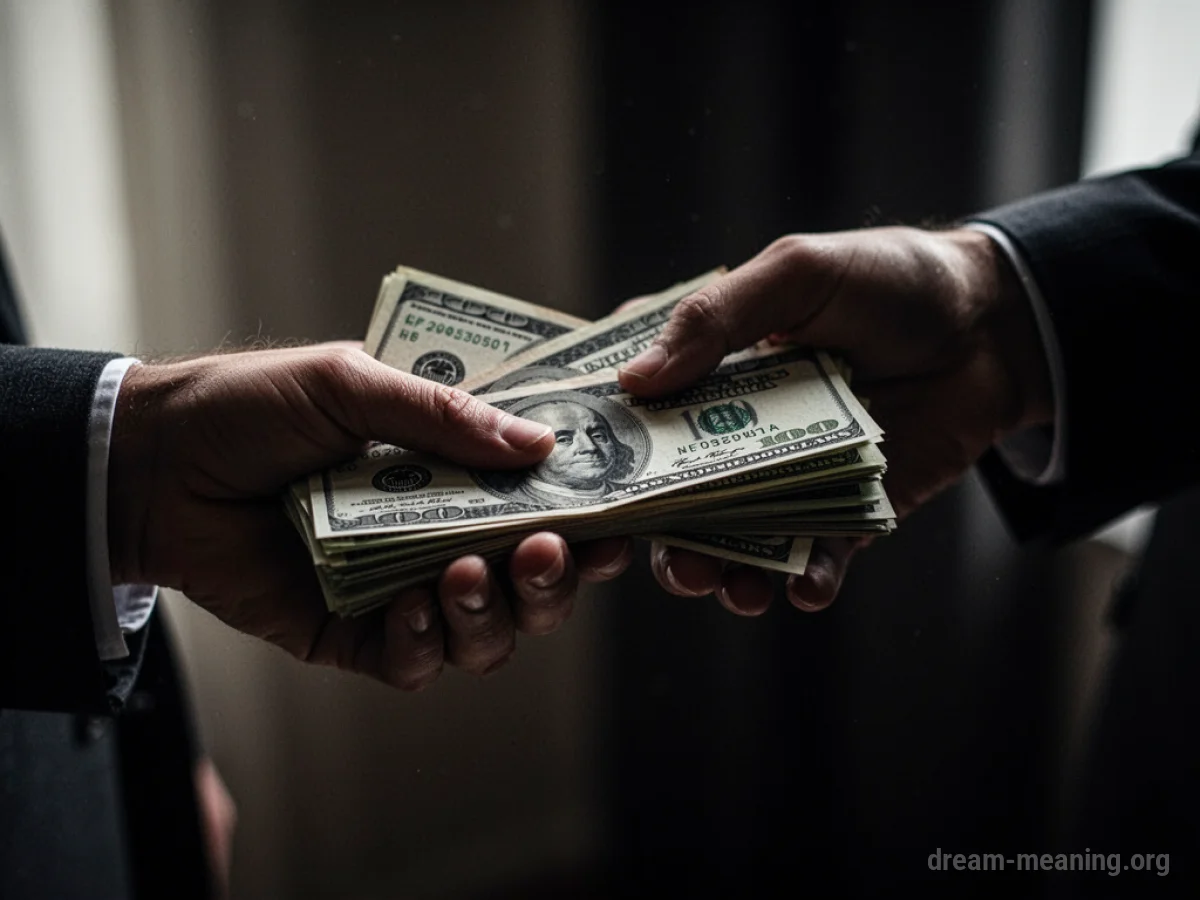 A hand offering money to another hand reaching from the shadows.