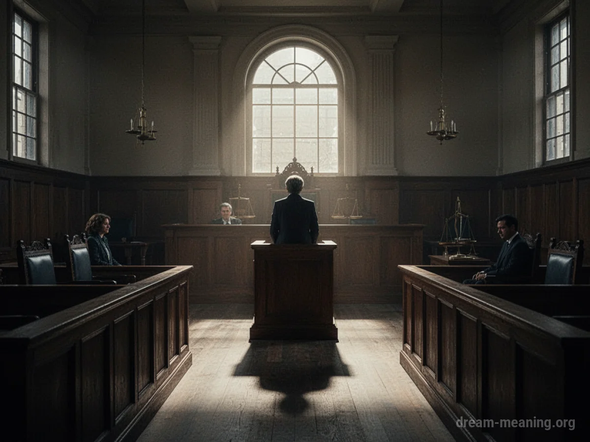 A person stands alone in a witness stand in an empty courtroom.