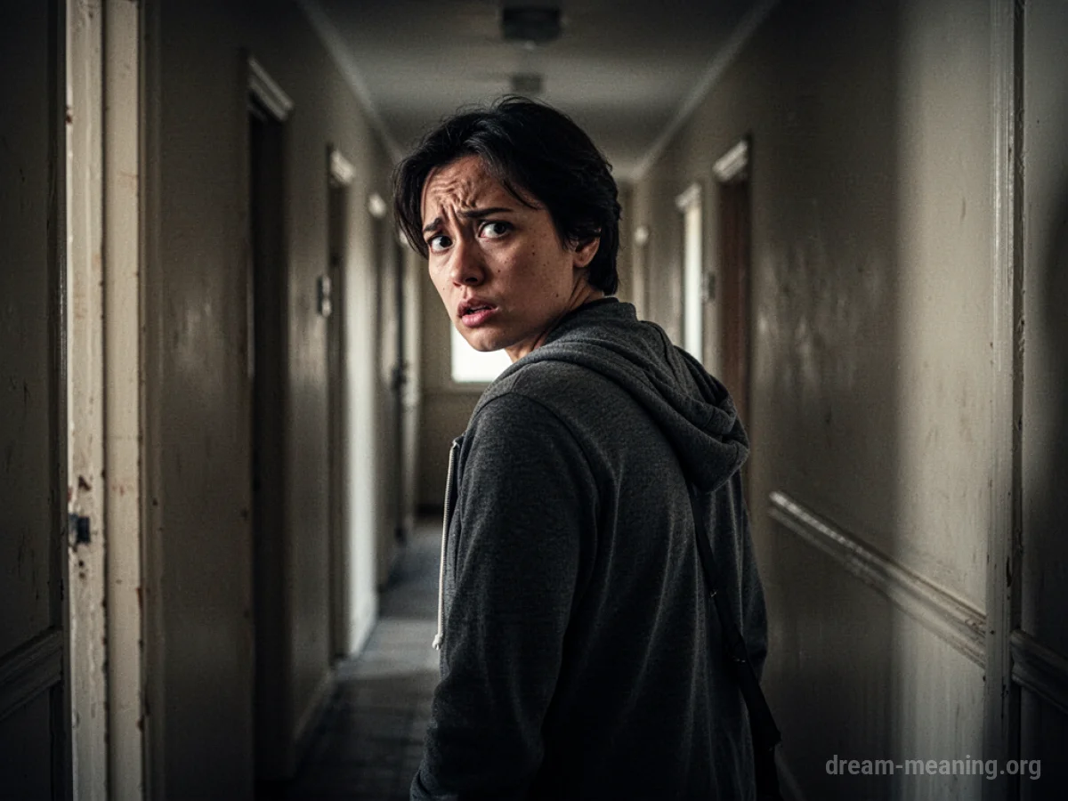 Person looking back nervously in a dark hallway.