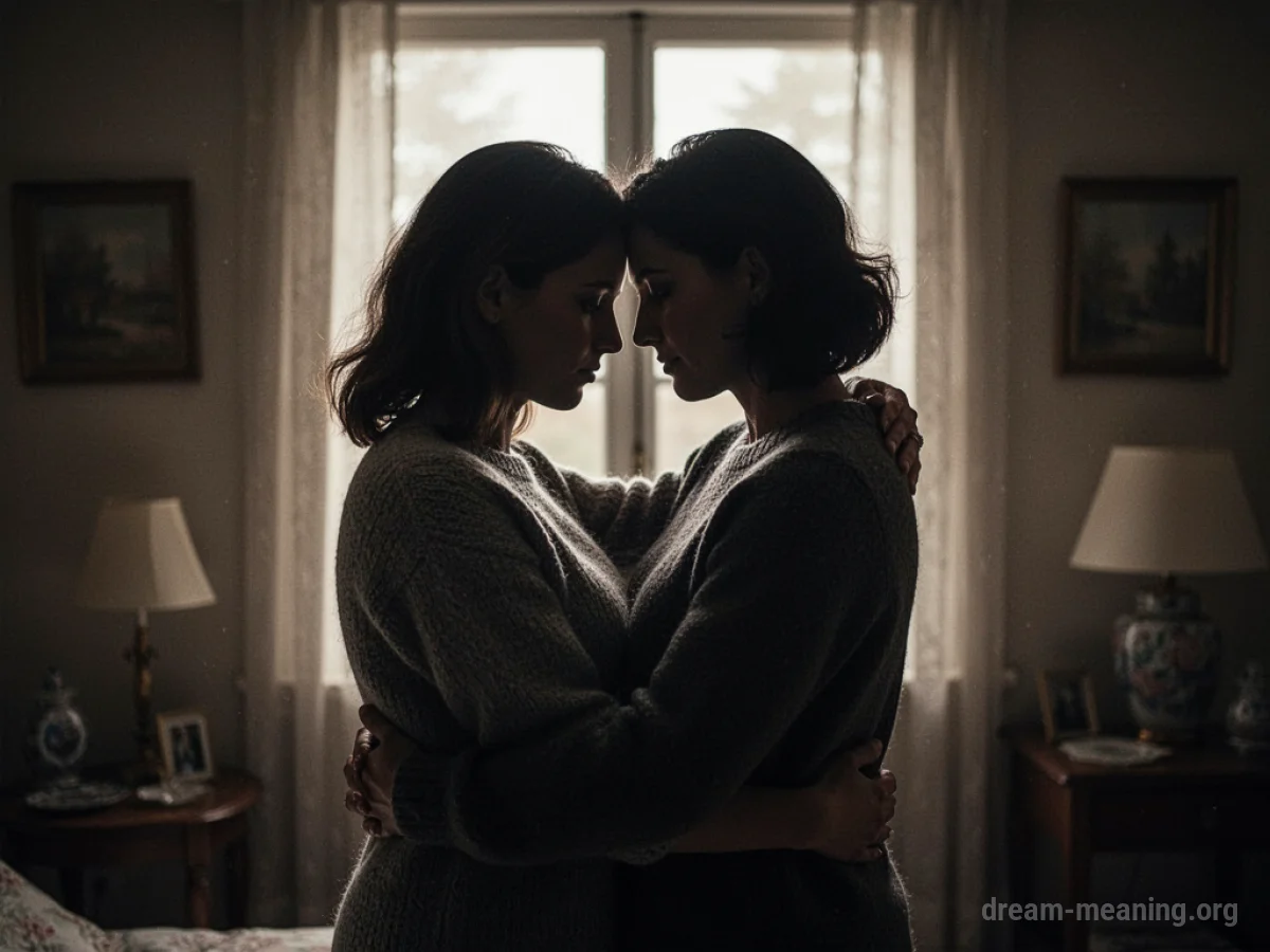 Silhouettes of two people embracing.