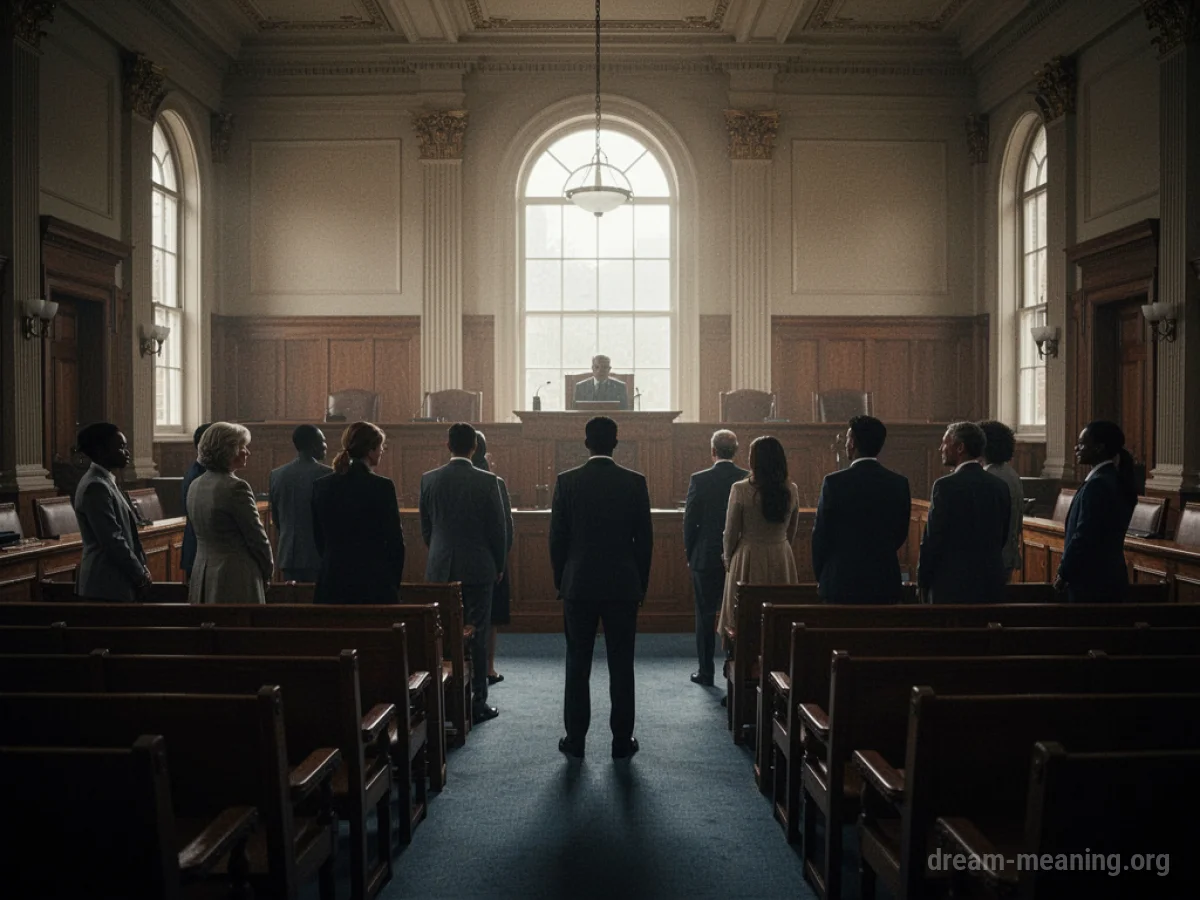 Silhouettes of people standing in a courtroom.