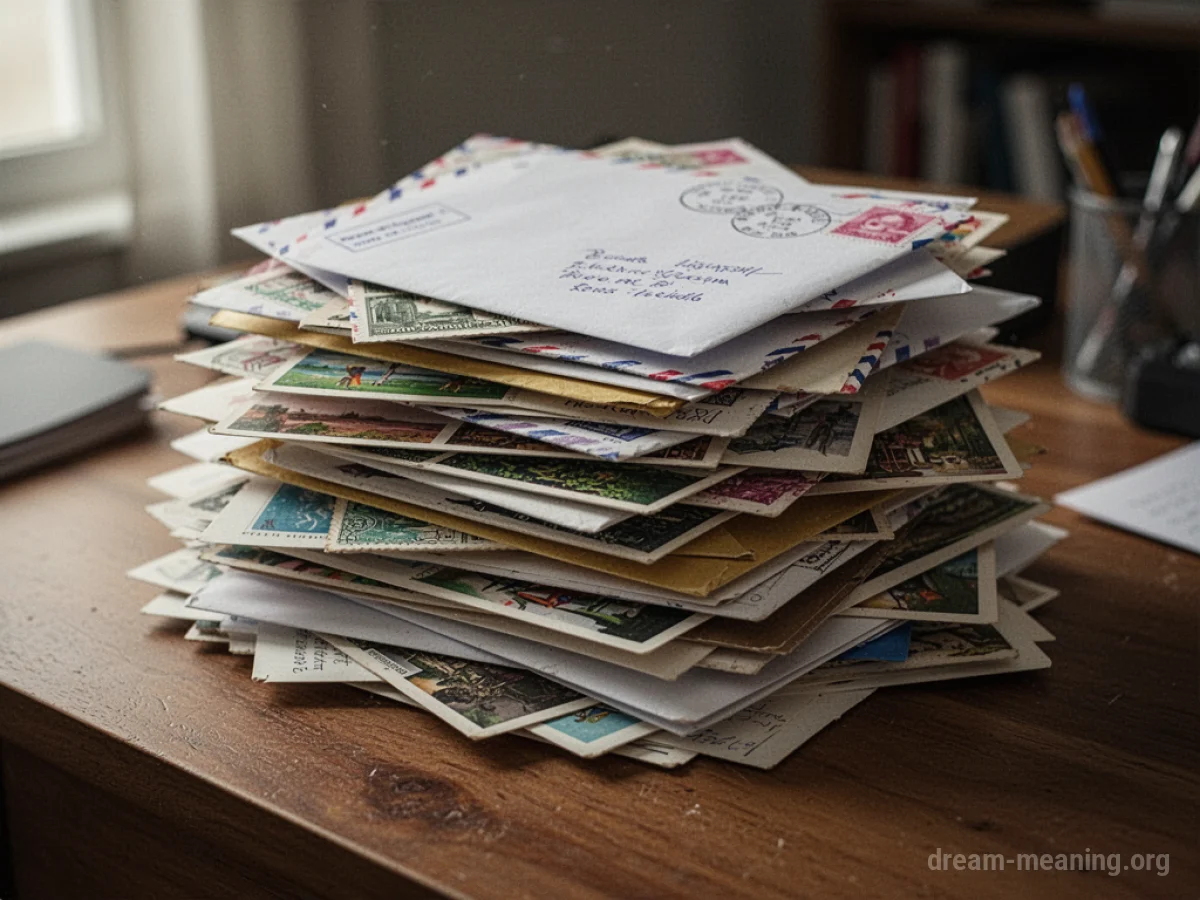 A large pile of envelopes and postcards.
