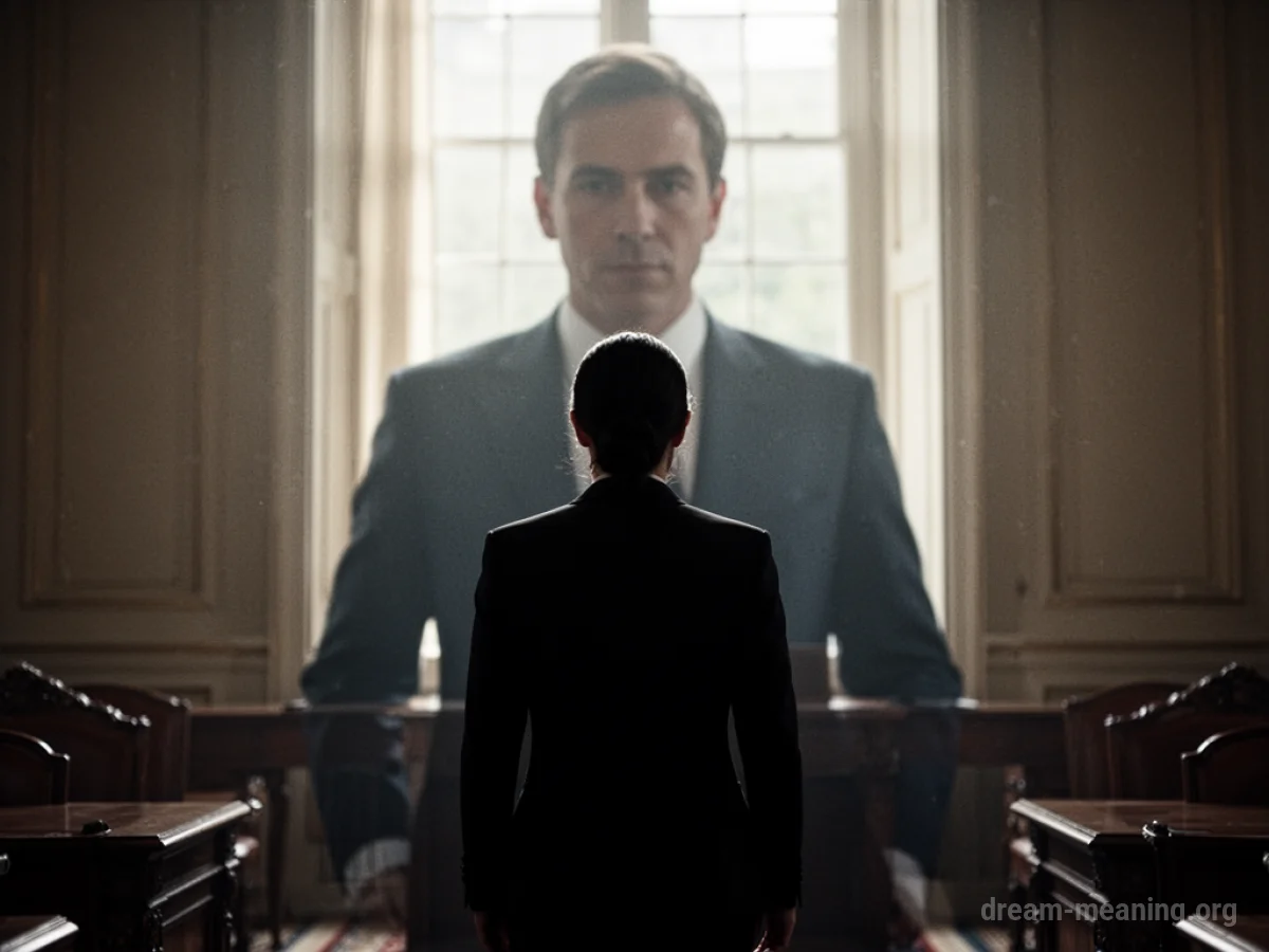 A silhouette of a person facing a taller, shadowed figure.