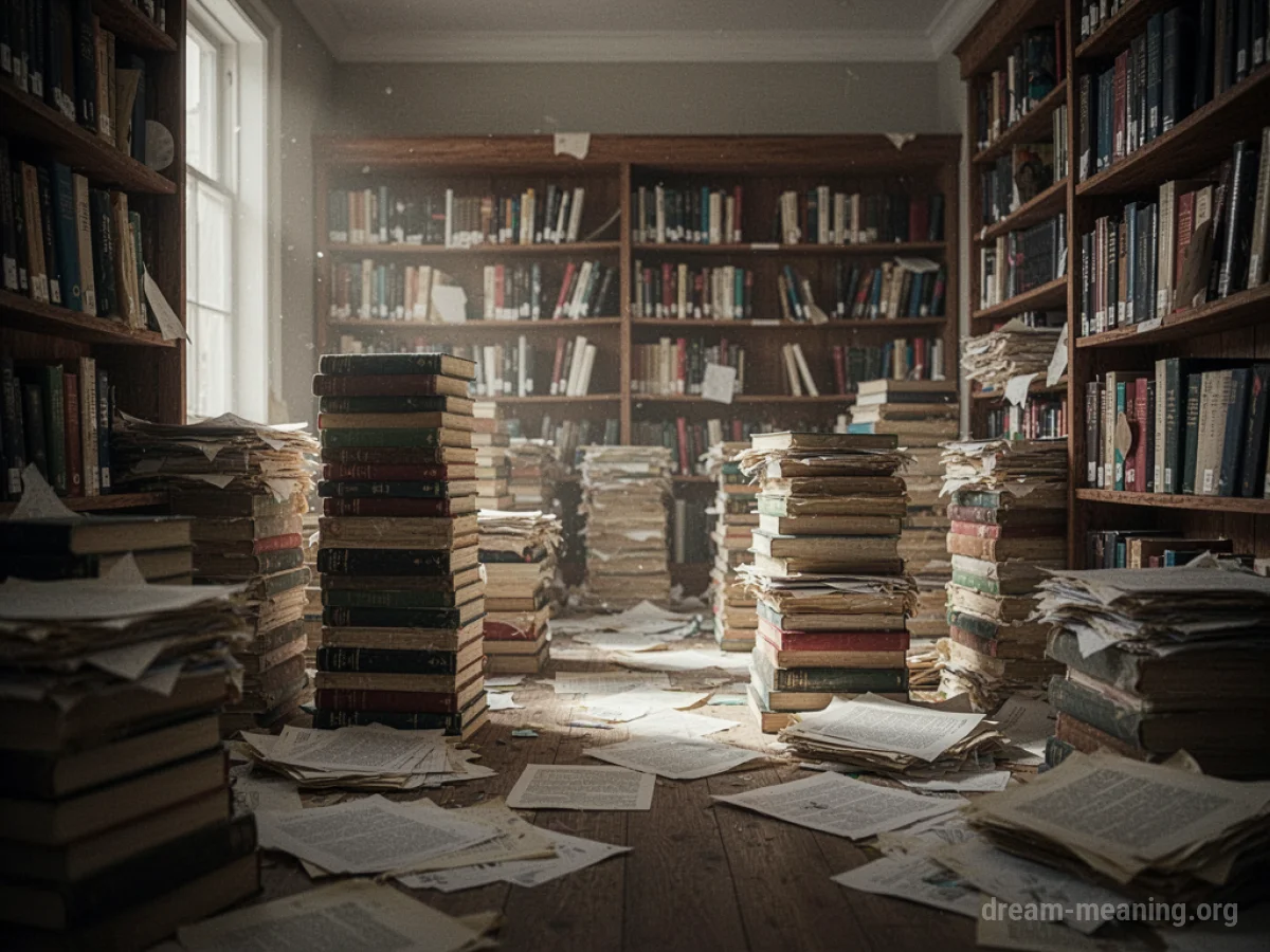 A cluttered library with disheveled stacks of books and papers.