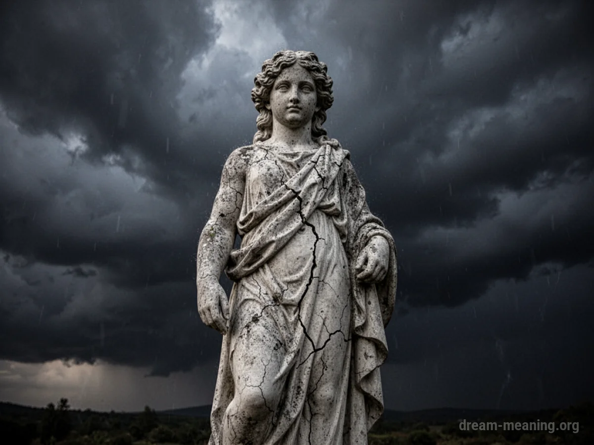 A lone, cracked statue in a dark, stormy environment.