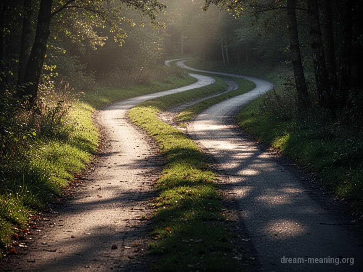 A path splitting into two directions, one bright, one dark.