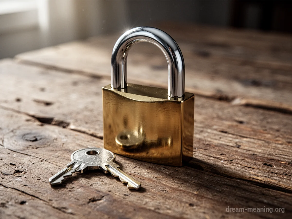 A new padlock and key resting on a wooden surface.
