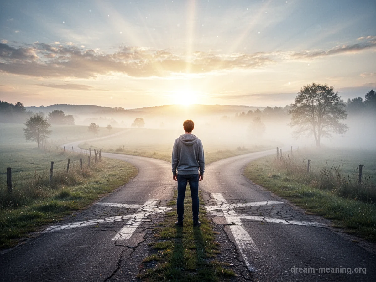 A person at a crossroads with one path bright and the other misty.