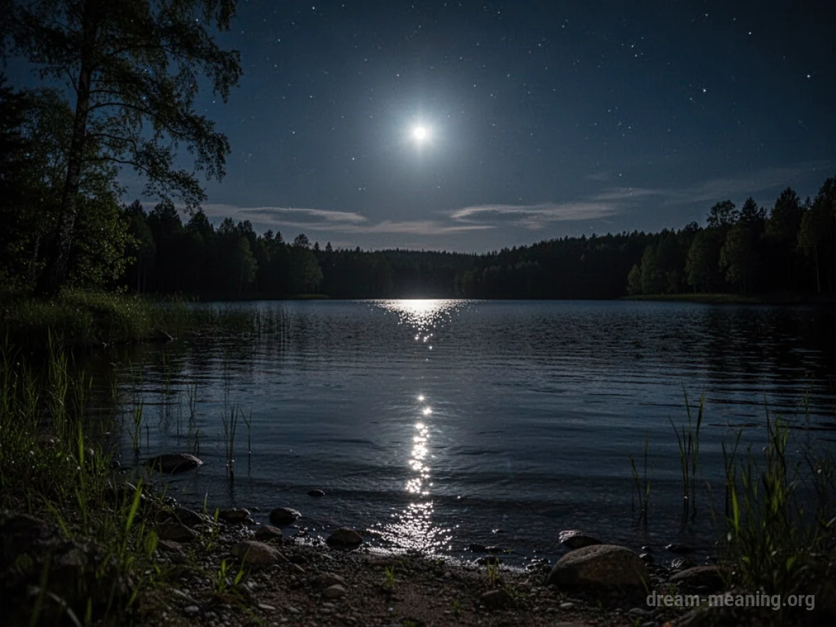 A calm lake shore under a dark night sky with moonlight on the water.