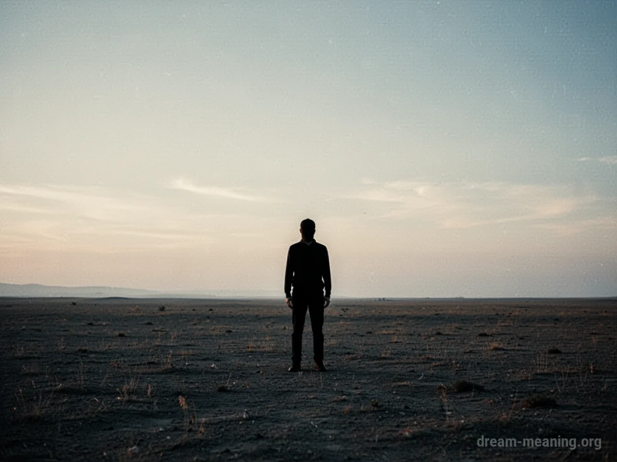 A lone figure in an expansive, barren field.