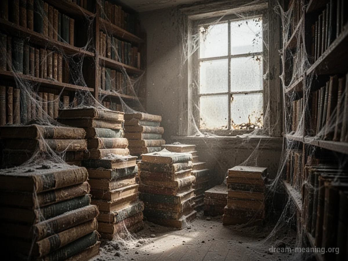 Interior of a dimly lit, dusty library with cobwebs and shafts of light.