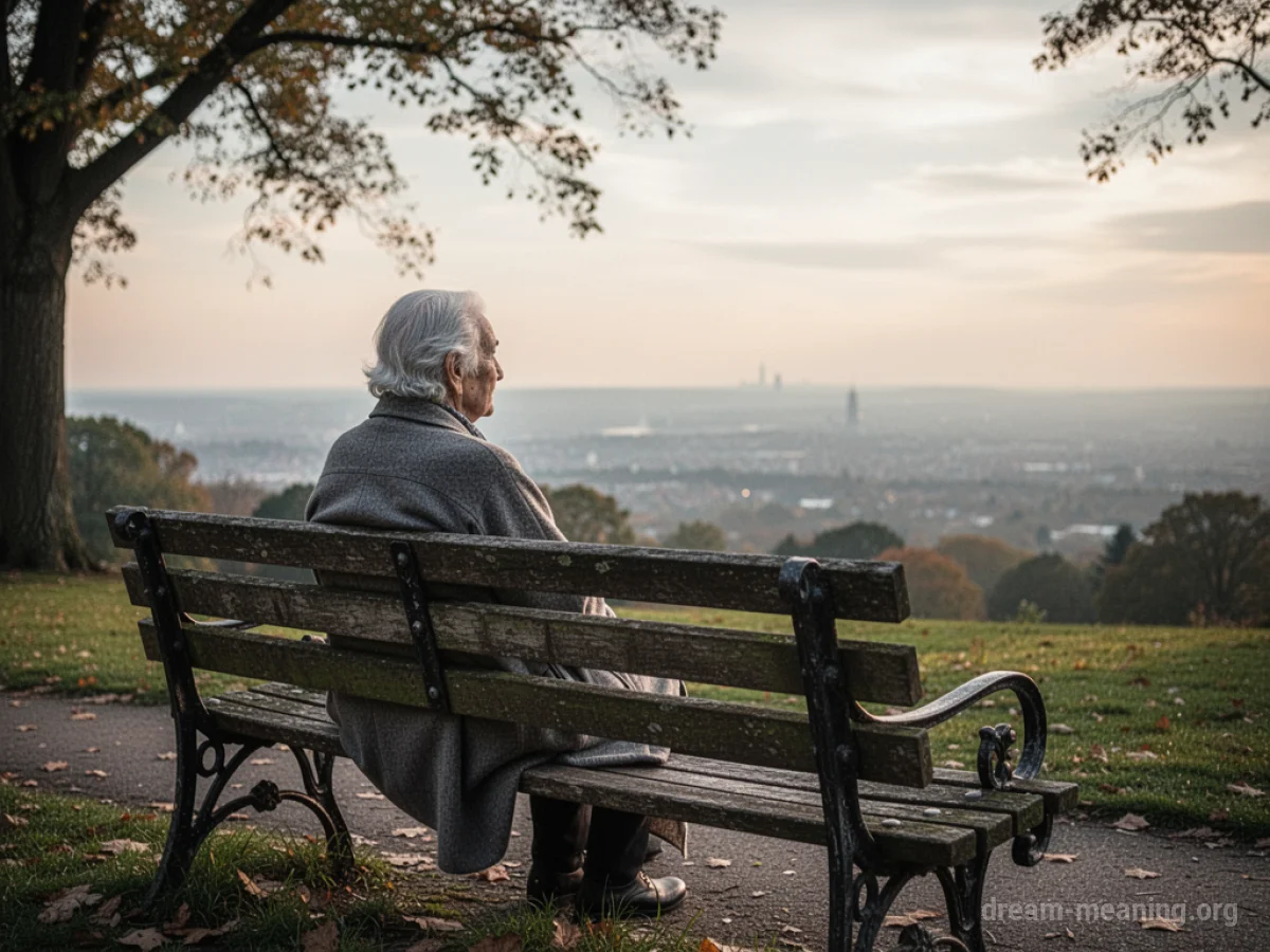 An elderly person sits alone on a park bench.