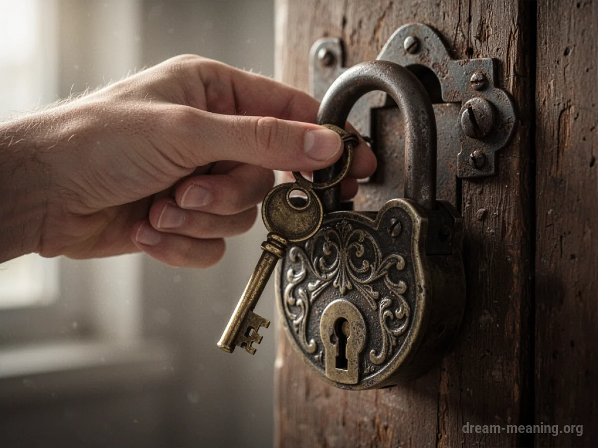 A hand turning a key in a padlock.