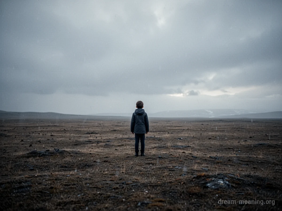 A solitary figure stands in a desolate landscape.