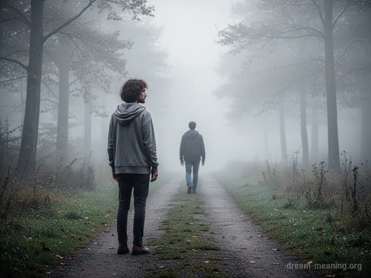 A person stands alone on a path as another person walks away into a foggy distance.