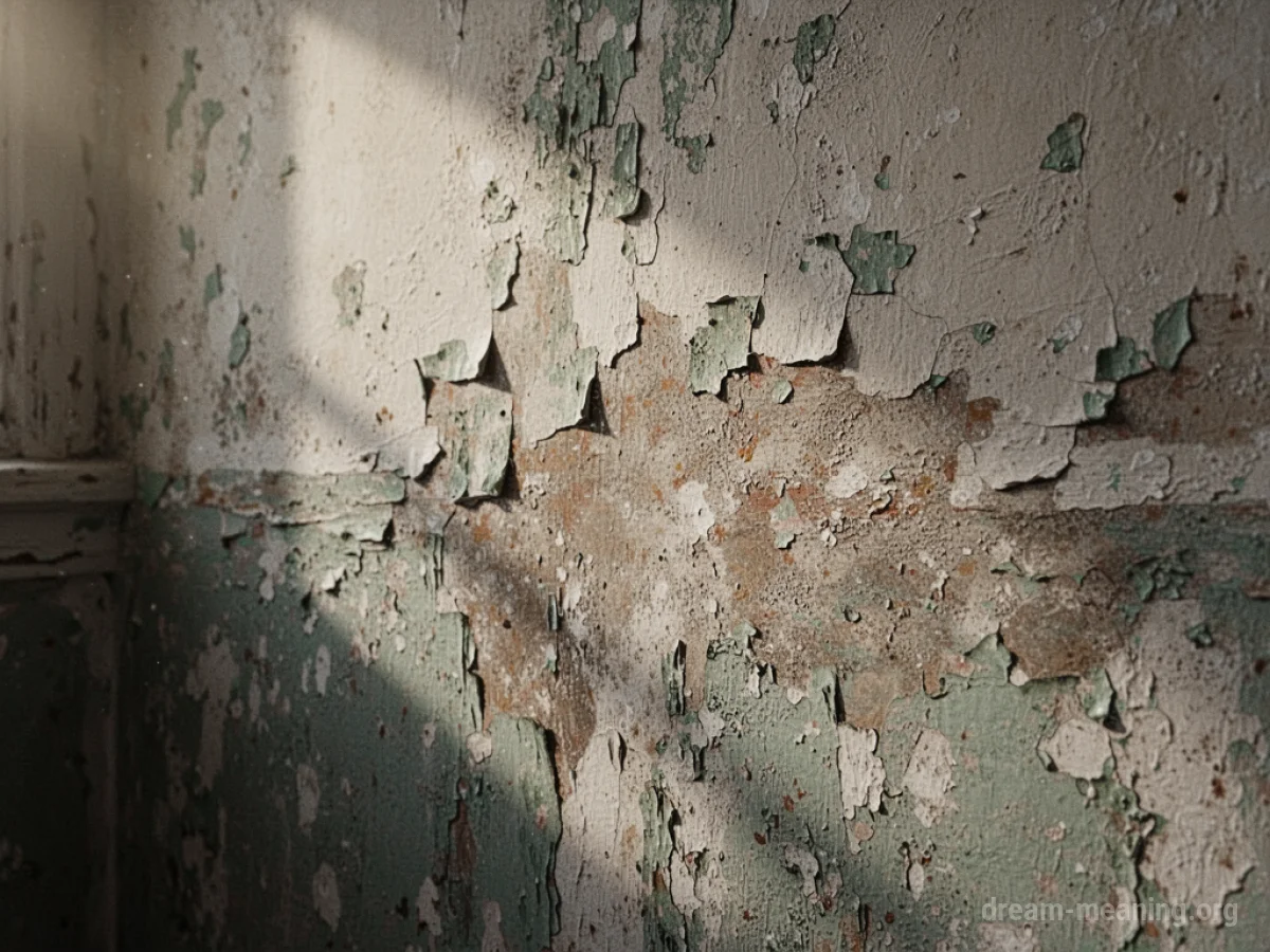 Close view of chipped paint on a wall surface.
