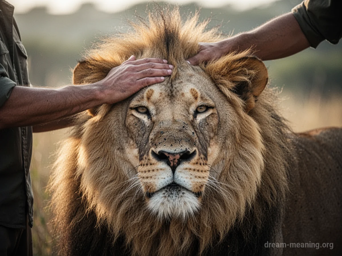 A hand gently touching a lion's mane.