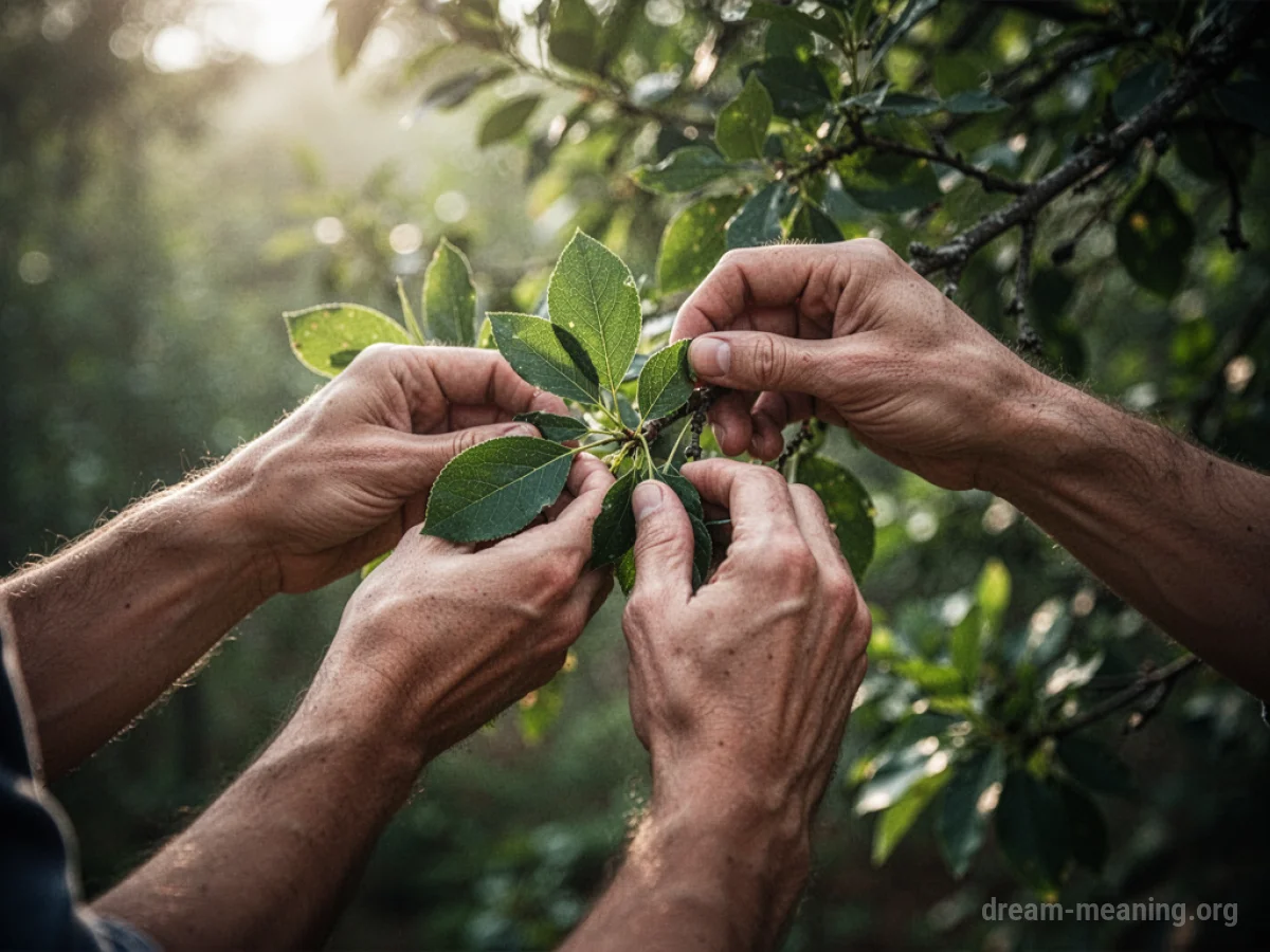 Close-up of a person's hands carefully selecting green leaves from a tree.