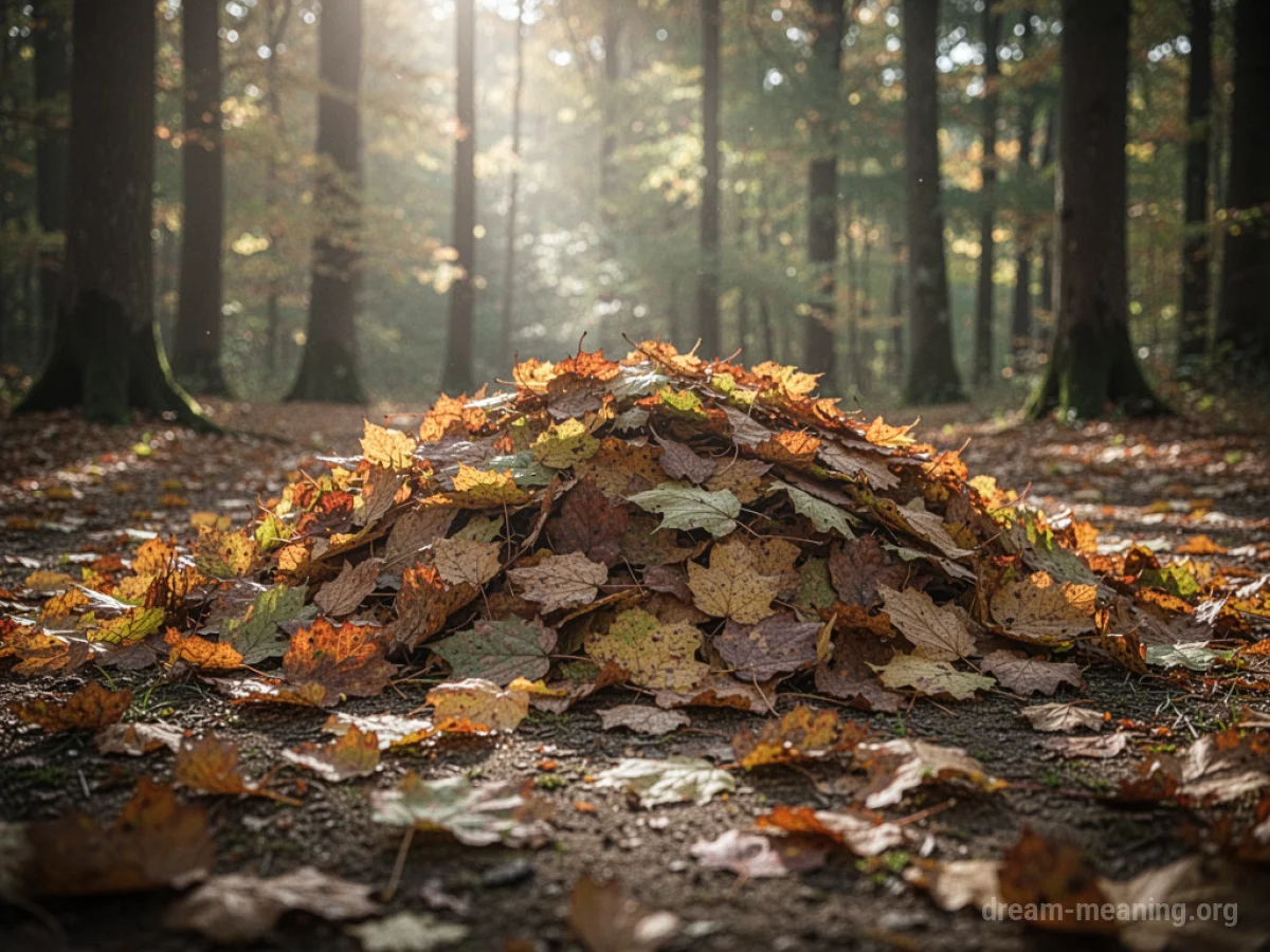A large mound of dry, colorful autumn leaves on the ground.