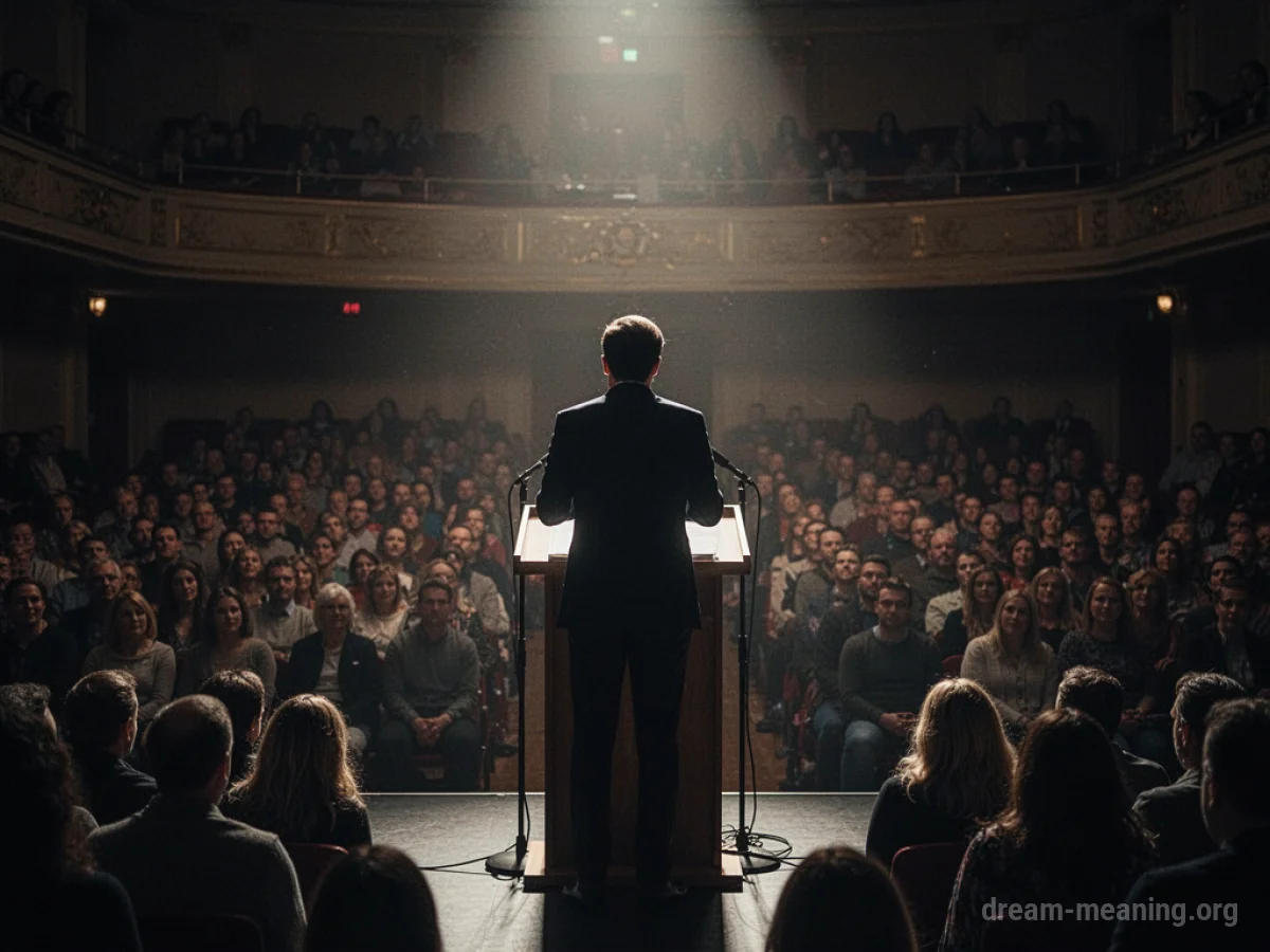 Silhouette of a figure at a podium facing an audience.