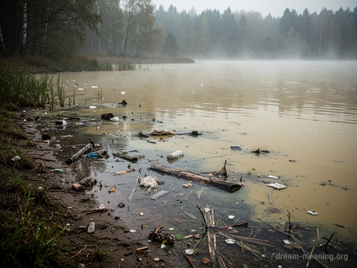 A discolored lake shoreline with trash floating in the water.
