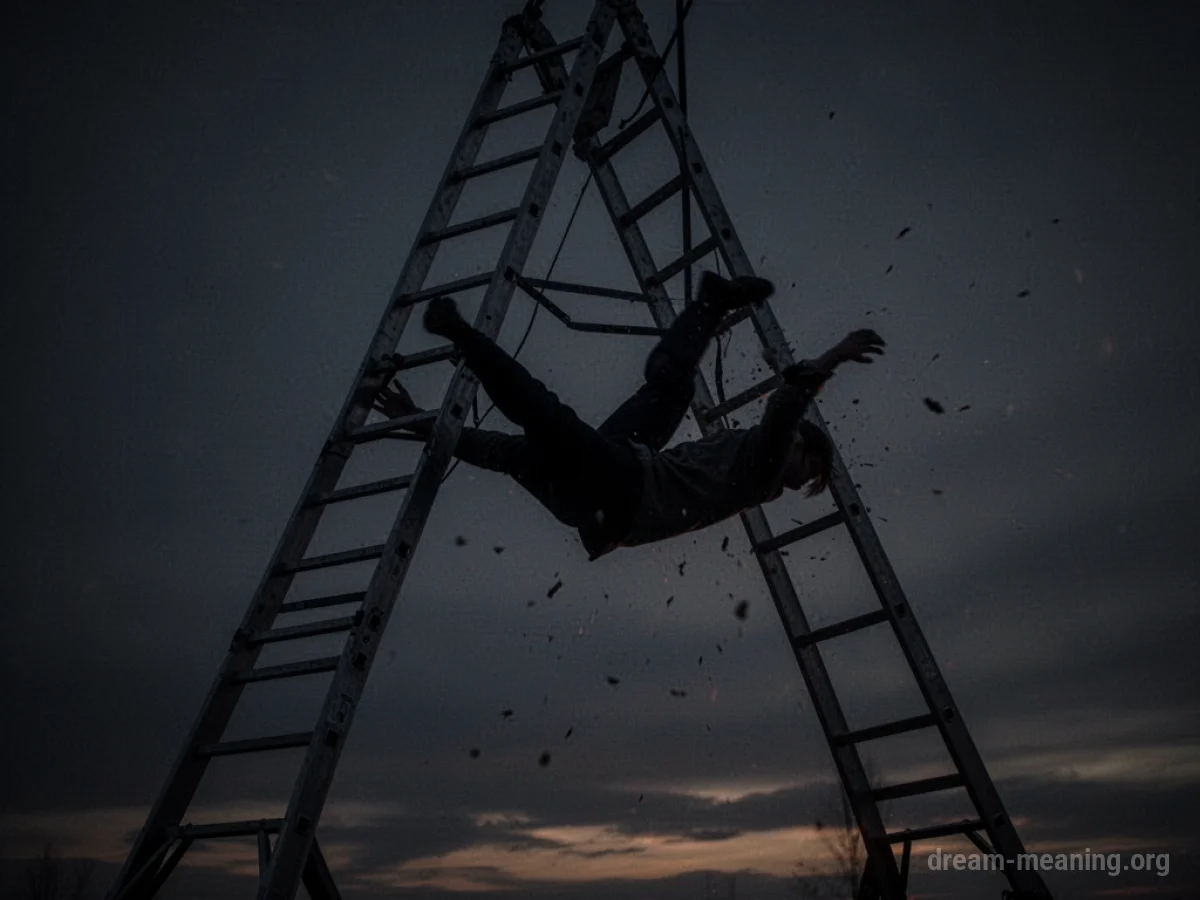 Silhouette of a figure falling from a ladder.