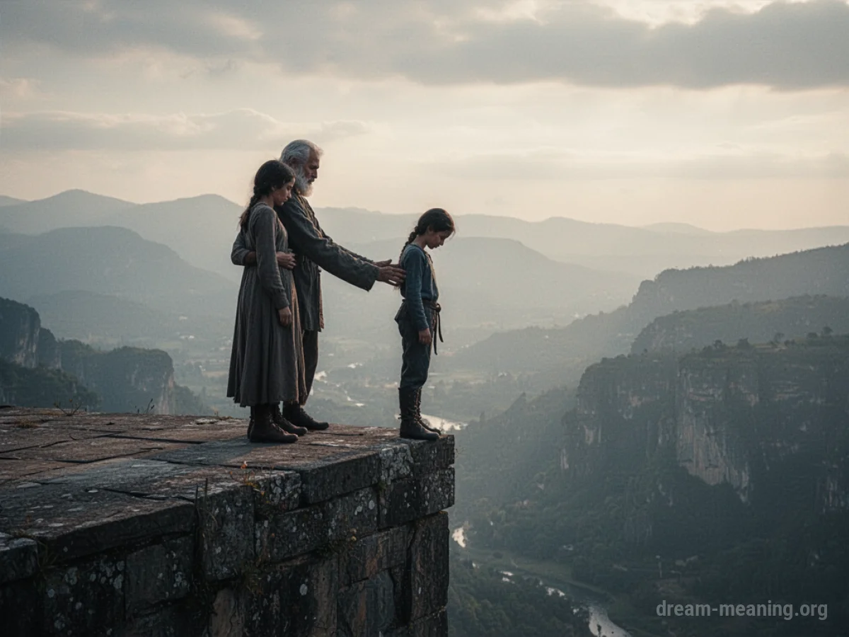 A person's hand on another person's back at the edge of a high drop.