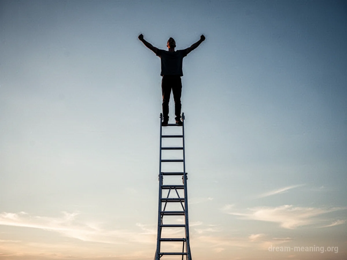 Silhouette of a person at the apex of a ladder.