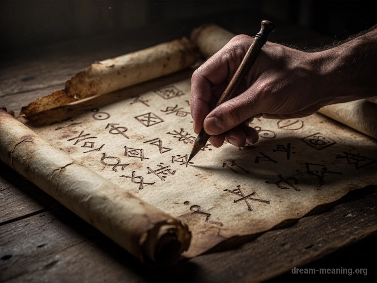 A hand carefully touching symbols on an old, worn parchment.