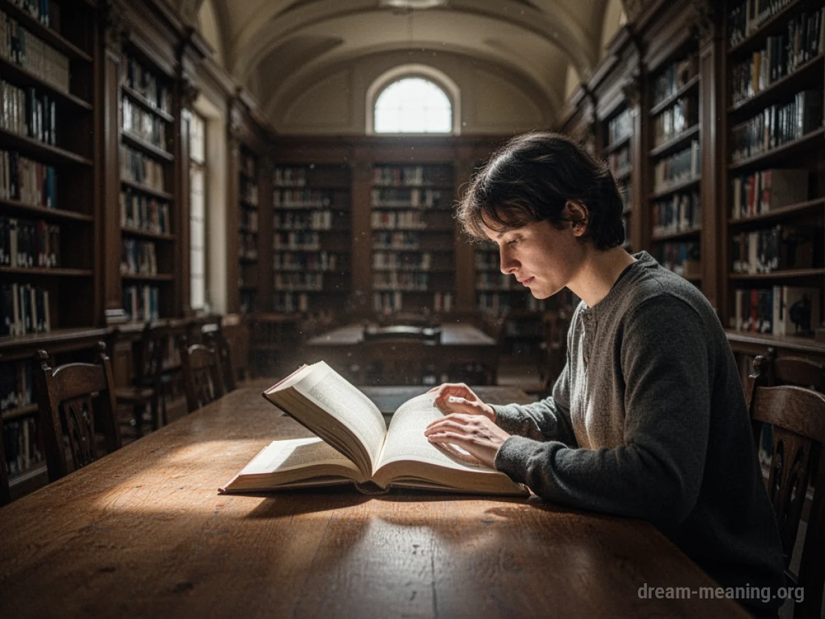 A person reading a book at a table in a library.