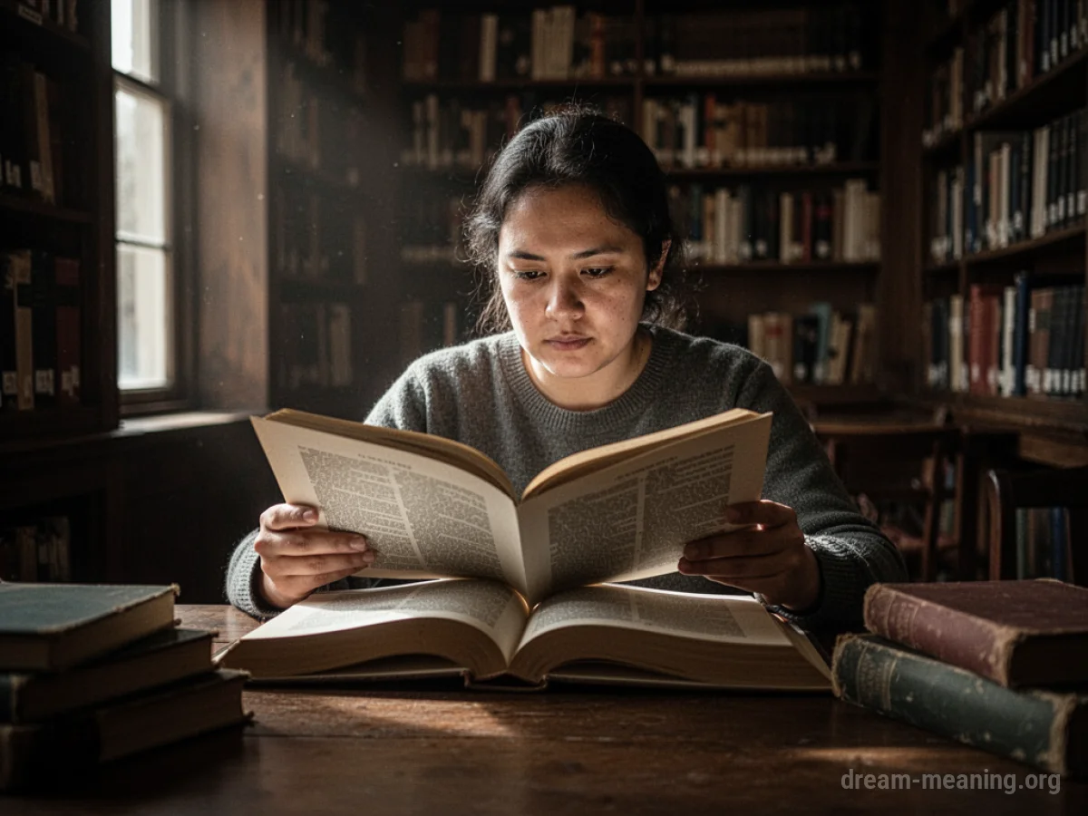 A person reading a book at a desk in a library.