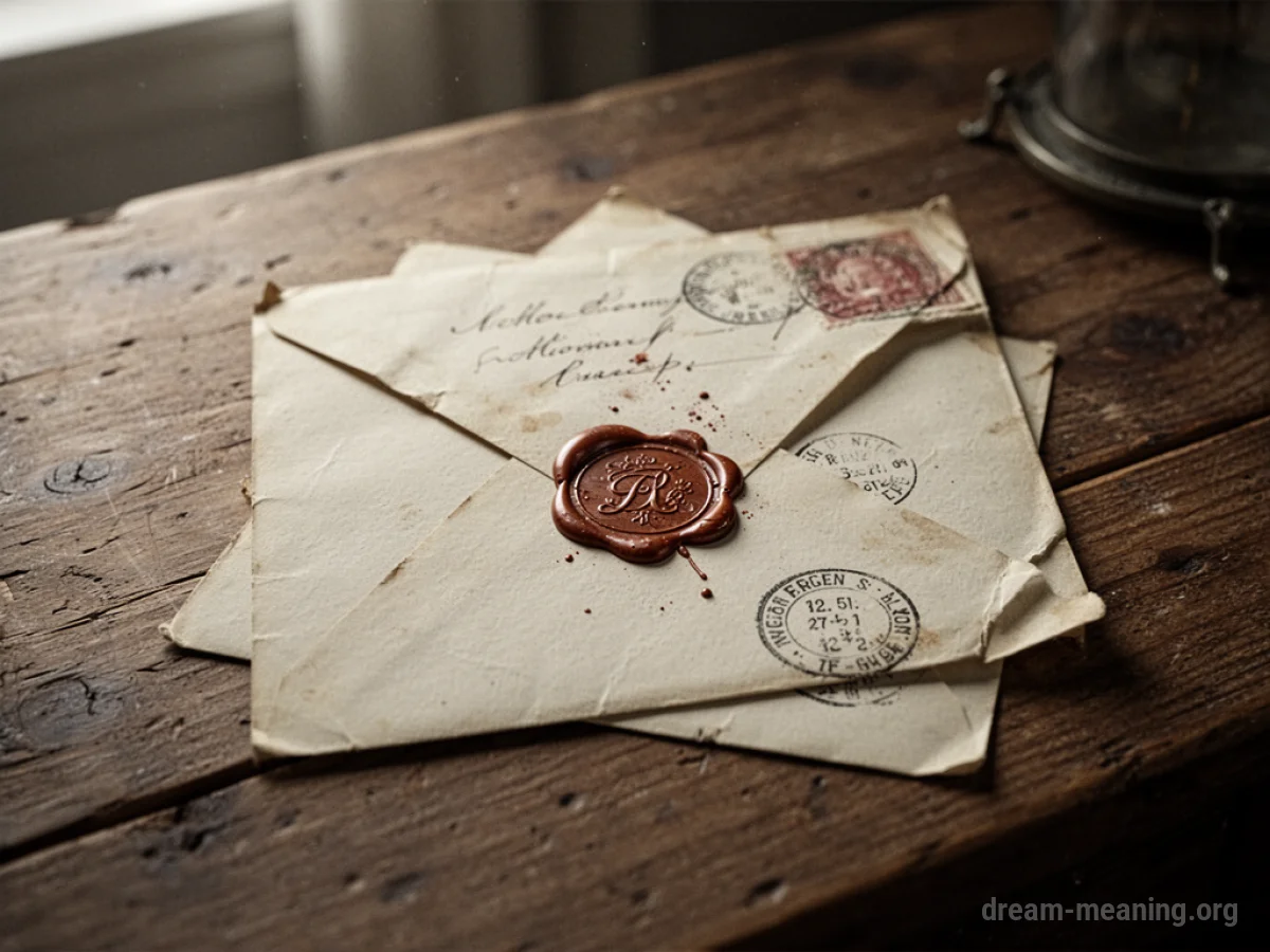 A sealed envelope with decorative writing on a wooden surface.