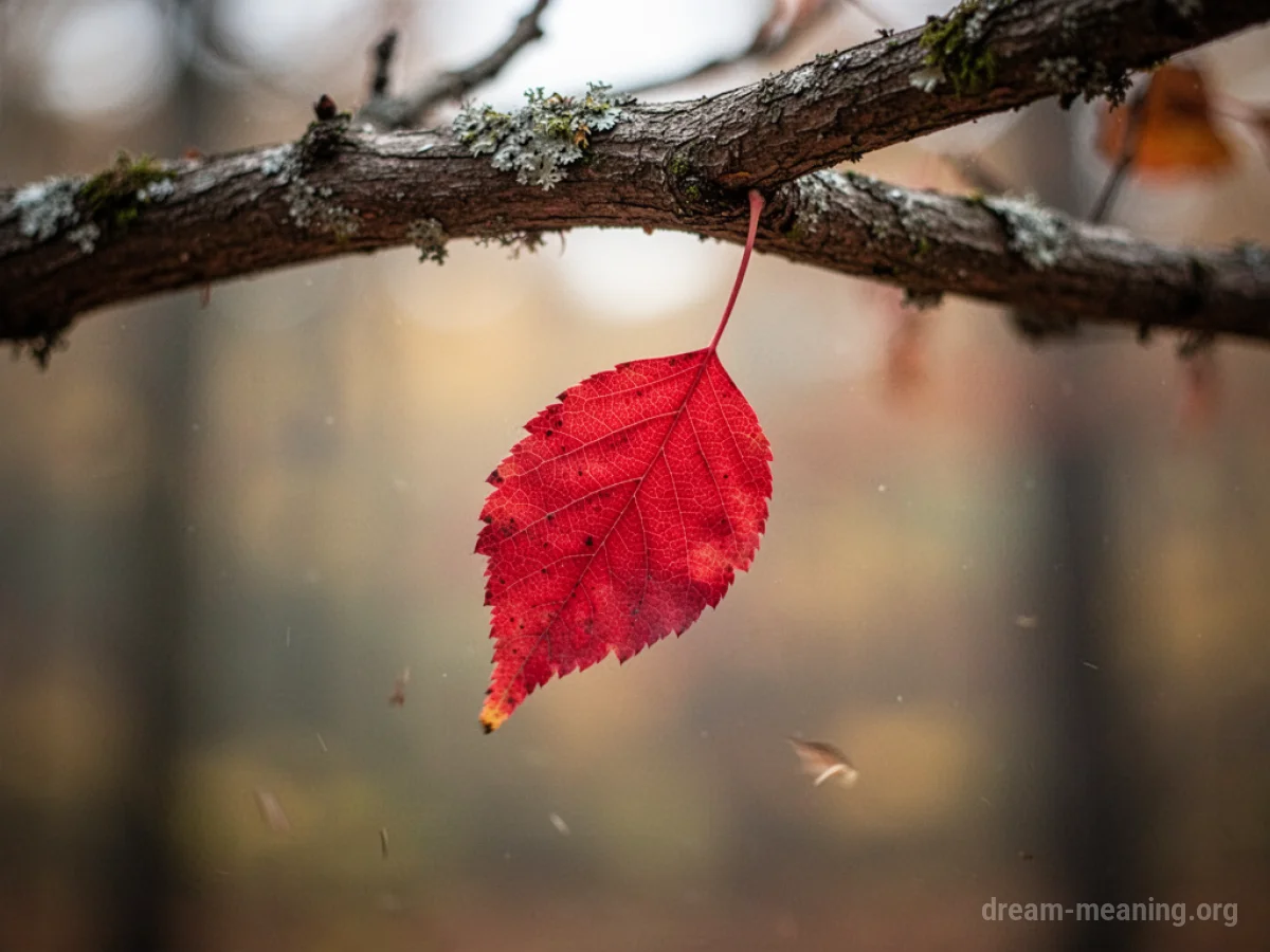 A solitary red leaf detaching from a tree branch.