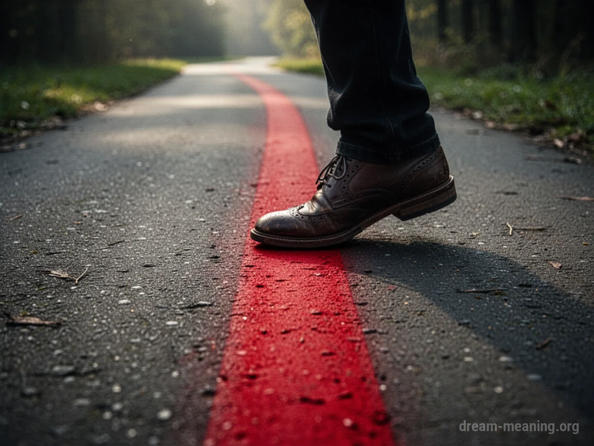 A foot stepping over a bright red line on a path.