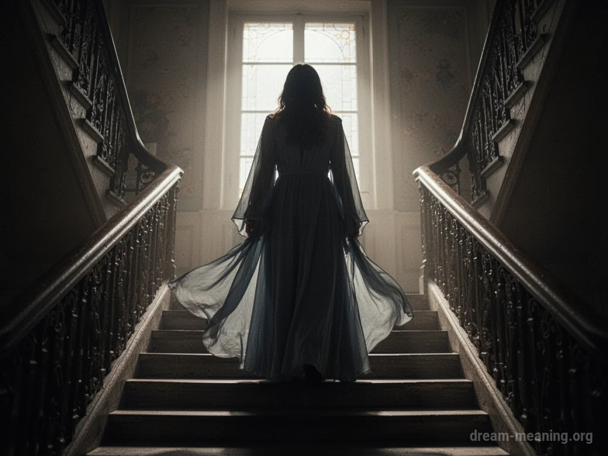 Silhouette of a robed figure at the top of stairs.