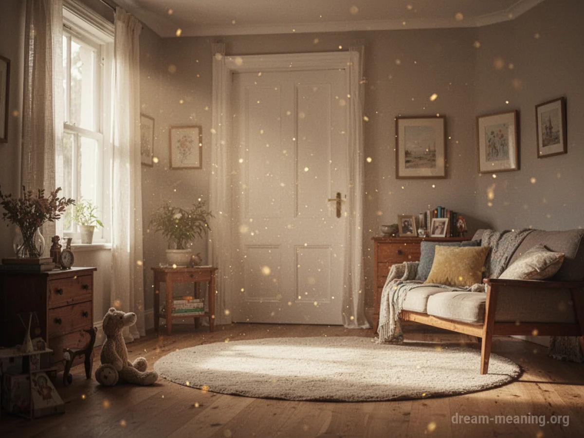 Interior of a room bathed in warm, soft light with floating golden particles.